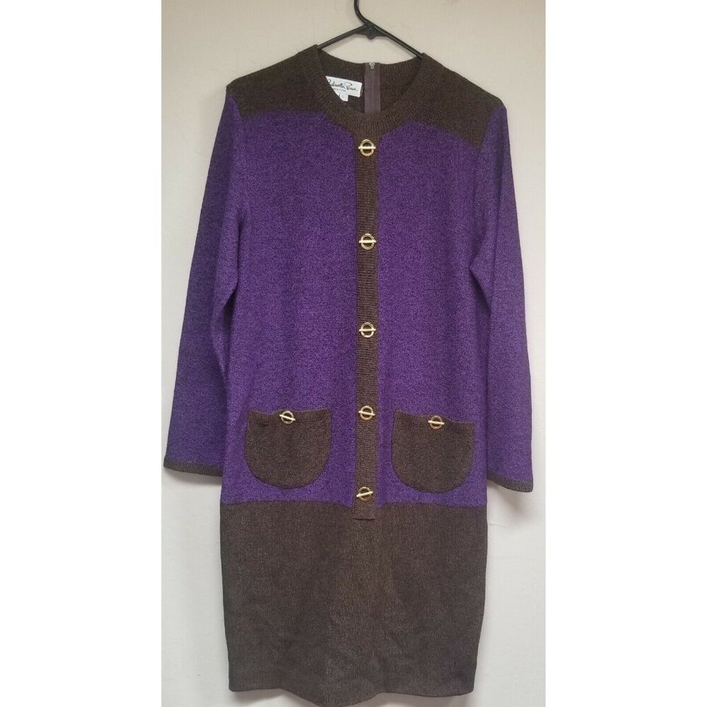 Vintage Antonella Preve New York Knit Sweater Dress Large Purple Brown Button